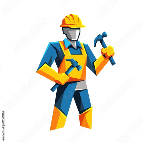 Stylized illustration of a construction worker holding hammers,  ready for work.