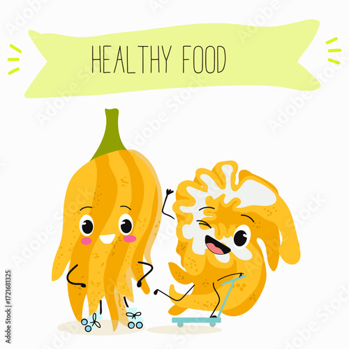 Buddha's hand fruit funny characters, hand drawn vector illustration.