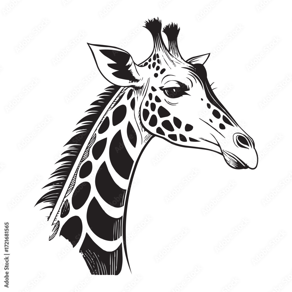 Naklejka premium Stylized Giraffe Illustration - Detailed Ink Drawing of a Giraffe Head