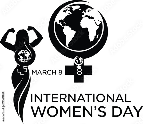 International women's day illustration with strong woman and earth icon