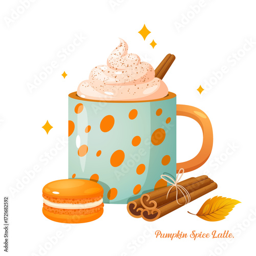 Vector illustration of pumpkin spice latte in cozy mug, topped with whipped cream and a cinnamon stick, near with orange macaron and cinnamon sticks isolated on a white background with sparkles.