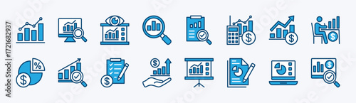 Set of data analytics icon. Financial database, income growth chart, statistic, profit graph, infographic, monitoring, review results documents, presentation, research, checklist - vector illustration
