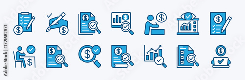 Financial inspecting icon set. Check, magnifier, checklist, checkmark, tax, report, document, statement, evaluation, approved, research, review, analysis, survey, accountant - vector illustration