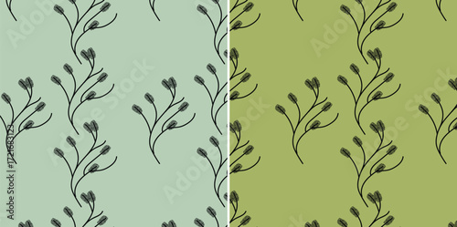 Minimalist abstract branch and flower seamless pattern with color variations