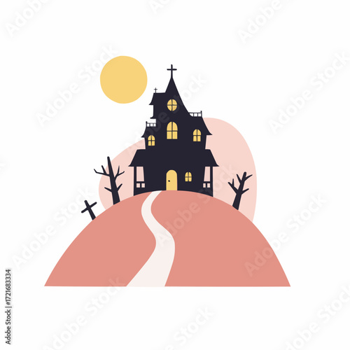 Haunted house on a hill with pathway and setting sun background  