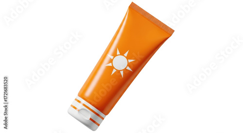 Isolated orange tube of sunscreen with a white cap and a sun logo ready for sun protection