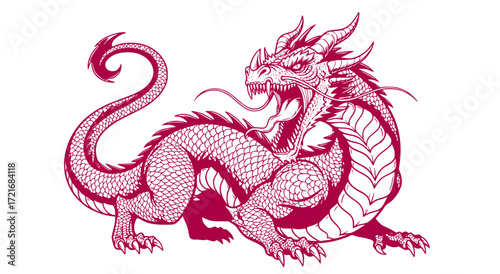 powerful fantasy dragon vector with muscular scaled body curling tail horns and open mouth illustration