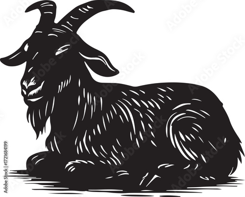 Stylized black silhouette of a seated goat with horns and beard against a white background