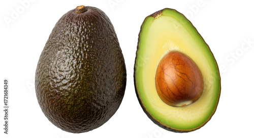 Isolated Whole and Halved Avocado Fruits Closeup, Tropical Fruit on Table, Healthy Diet