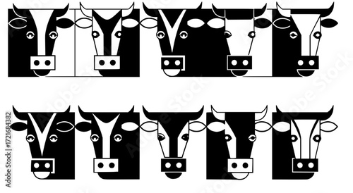 cow head vector art set grid black and white farm animal geometric illustration pattern