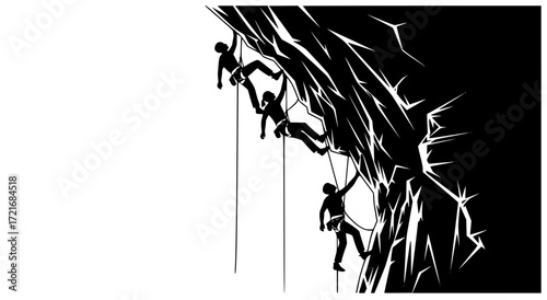 vector illustration of rock climbers on overhanging rock face