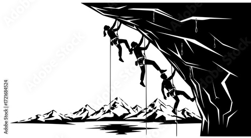 vector illustration of rock climbers on overhanging rock face