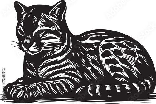 Detailed black and white linocut illustration of a wild cat with striped fur resting peacefully