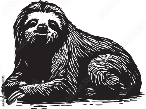 Detailed black and white illustration of a three toed sloth resting peacefully on a textured surface