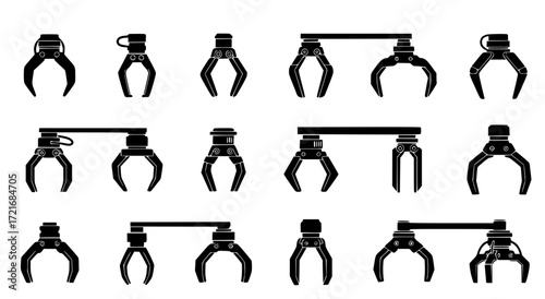 vector set of industrial robotic claw silhouettes