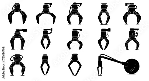 vector set of industrial robotic claw silhouettes