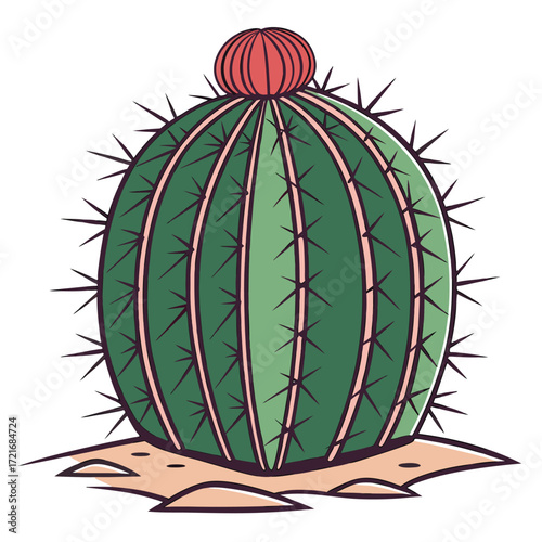 Solitary cartoon cactus exhibits a spherical green body and spiky thorns on desert sand, isolated