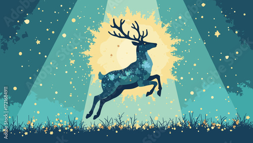 Disco reindeer silhouette — mirrored disco-ball reindeer leaping across a sunburst, glitter confetti and teal shadows