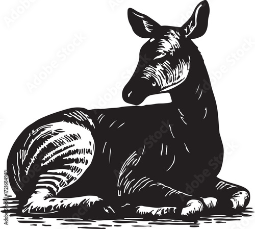Vintage engraving style illustration of a young deer fawn resting peacefully in a field