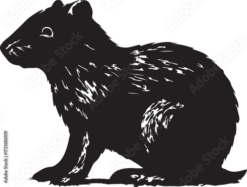Silhouette of a fluffy black squirrel sitting on a white background rendered in a sketchy artistic style