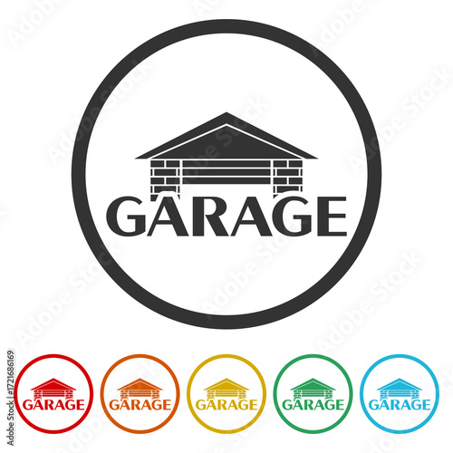 Garage door word icon. Set icons in color circle buttons