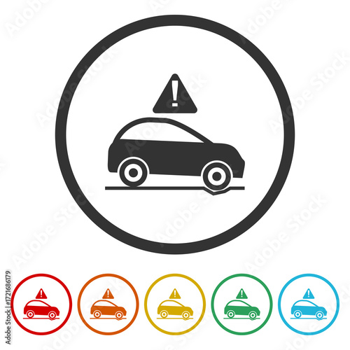 Pothole warning icon with a car. Set icons in color circle buttons