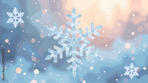 Lenticular snowflake poster — layered snowflake shapes that seem to shift color when tilted, soft pearl backdrop