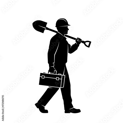 Construction worker walking, carrying tools and shovel.