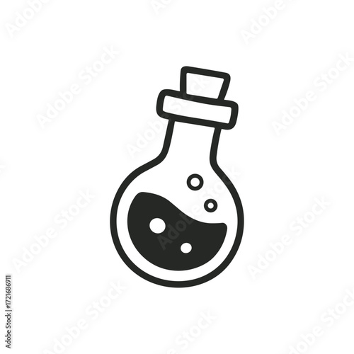 Chemistry flask vector illustration depicting a laboratory flask with liquid and bubbles. Simplistic black and white style, ideal for educational or scientific projects.