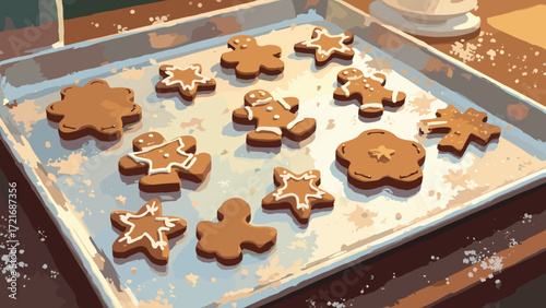 Y2K gingerbread cookie sheet — glossy cookie icons with icing sheen arranged on reflective enamel tray