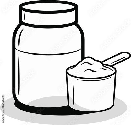 Black and white illustration of a protein powder tub and scoop supplement fitness