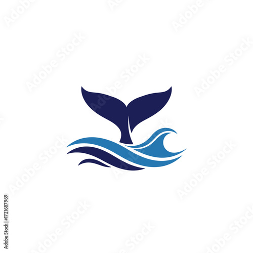 A stylized dark blue whale tail emerges from stylized blue ocean waves, symbolizing marine life and the sea.