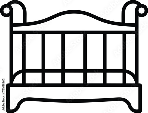 Black and white outline drawing of a vintage baby crib infant child