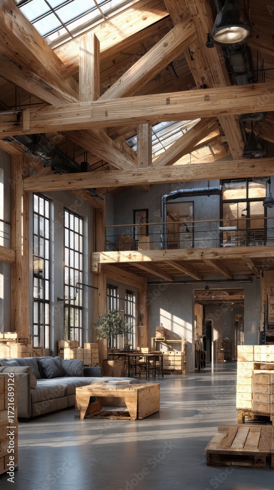 Obraz premium Spacious industrial loft featuring wooden beams and modern furniture in a bright, sunlit interior