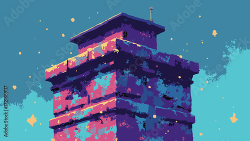 Sticker-bombed chimney cap — enamel pin and sticker mashup on chimney tile, neon highlights and sticker peel