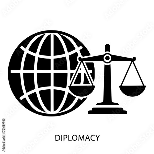 Icon representing global diplomacy and international justice with a globe and balanced scales.