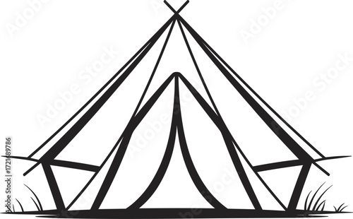 Black Outline Icon Of A Teepee Tent With Grass Detail camping shelter