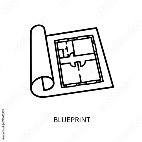 Rolled up blueprint icon showing house floor plan architectural design and construction planning