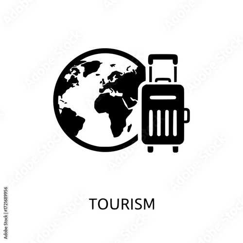 Global travel tourism icon featuring a suitcase and world globe for journeys