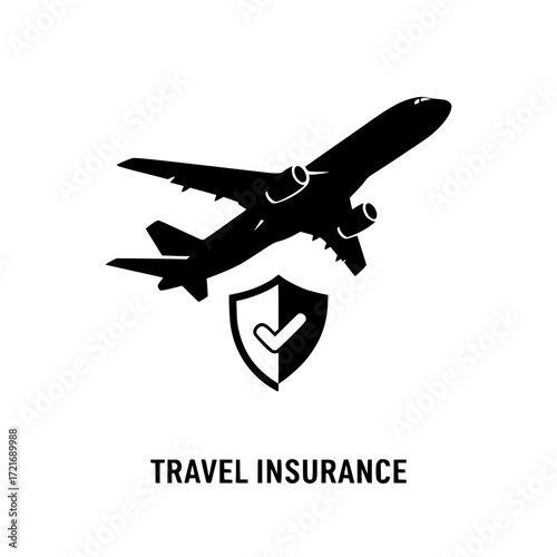 Airplane taking off above shield with checkmark symbolizing travel insurance protection