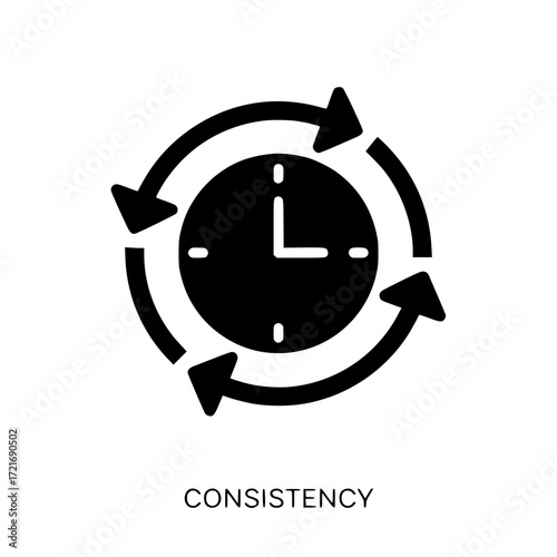 Symbol of time management and cyclical process consistency with repeating arrows and clock face