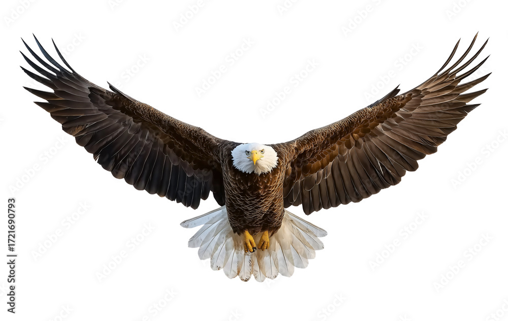 Fototapeta premium Bald Eagle in Flight, Majestic Bird of Prey Isolated on White Background