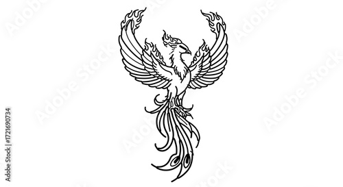 Elegant phoenix bird with wings spread in flight, rising from flames