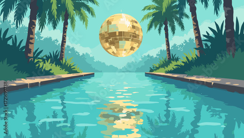 Disco palm pool — disco ball hovering over tiled pool, reflective ripples, gold & turquoise