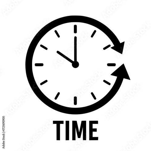 Simple black and white clock icon with time text for time management and scheduling concepts