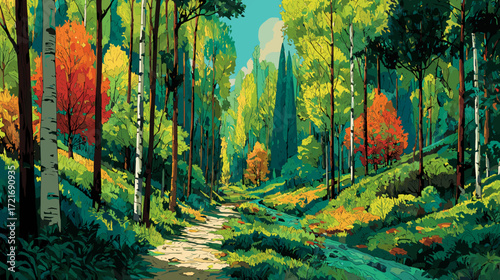 Flat style vector illustration of a path trough a forest