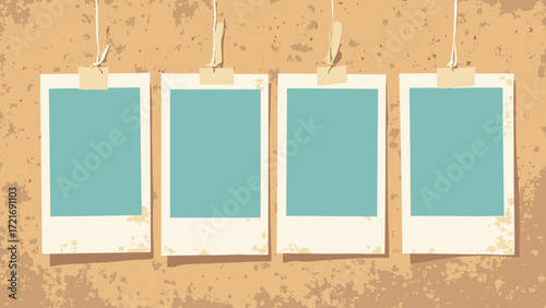 Polaroid moodboard — four instant frames pinned on cork with washi tape, sunfaded palette