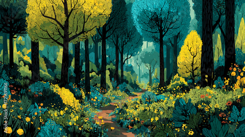 Flat style vector illustration of a path trough a forest