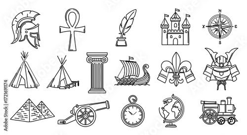 Line art illustration of historical icons, depicting various eras and cultures