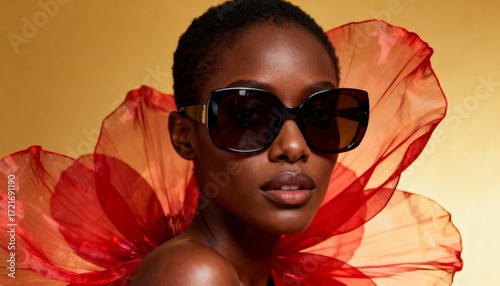 Woman in Black Sunglasses with Red Sheer Fabric